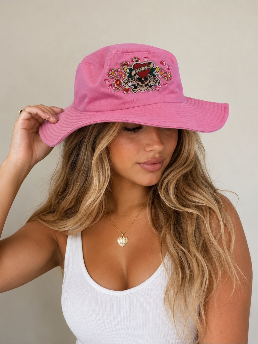 Ed Hardy Pink Bucket Hat with Heart Skull Embroidered Patch